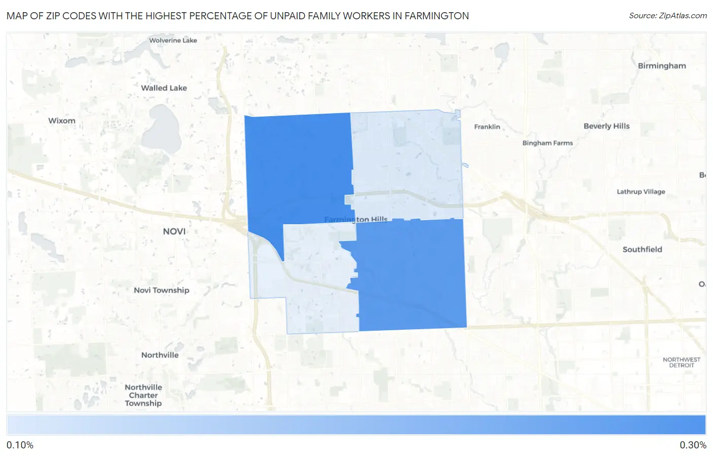 Zip Codes with the Highest Percentage of Unpaid Family Workers in Farmington Map