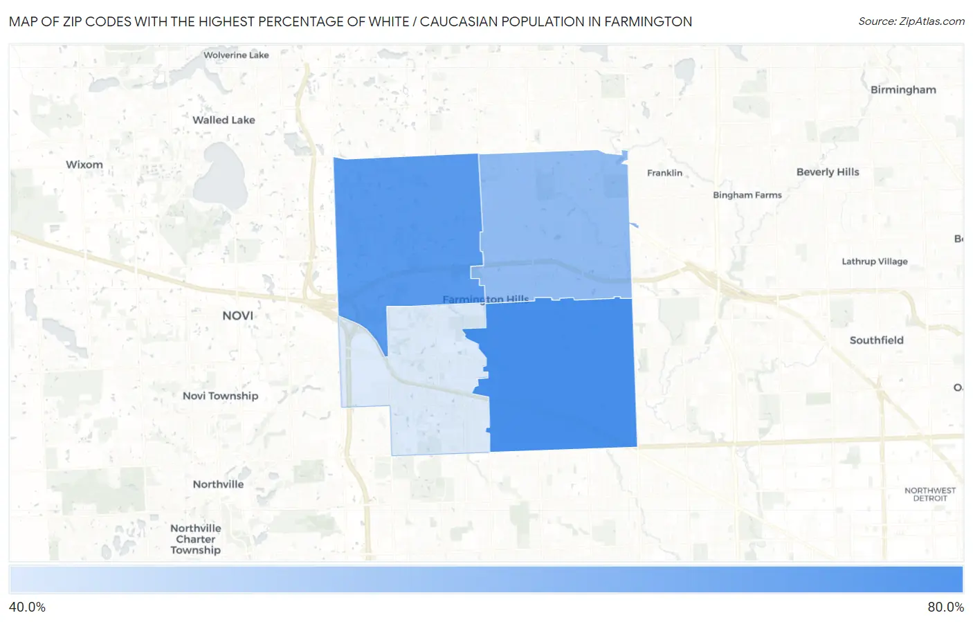 Zip Codes with the Highest Percentage of White / Caucasian Population in Farmington Map