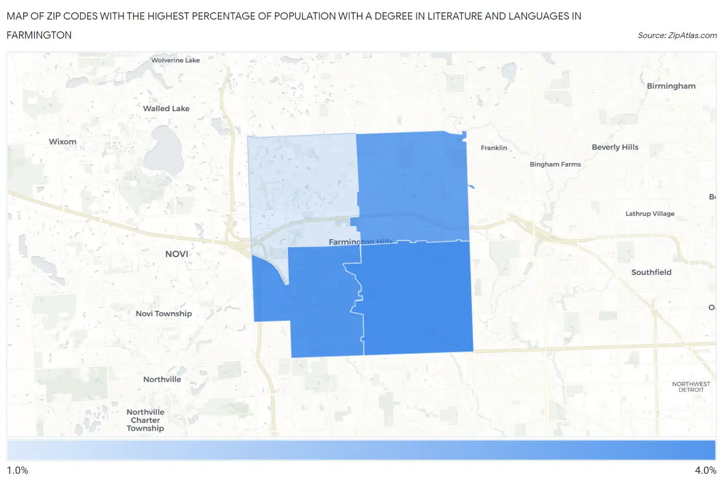 Zip Codes with the Highest Percentage of Population with a Degree in Literature and Languages in Farmington Map