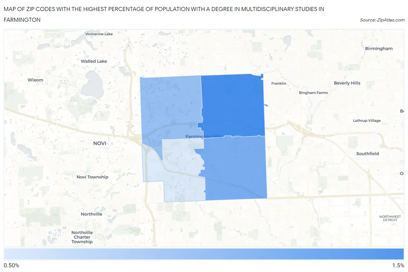 Zip Codes with the Highest Percentage of Population with a Degree in Multidisciplinary Studies in Farmington Map