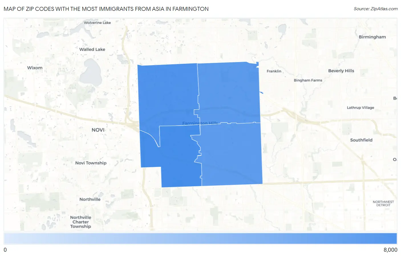 Zip Codes with the Most Immigrants from Asia in Farmington Map