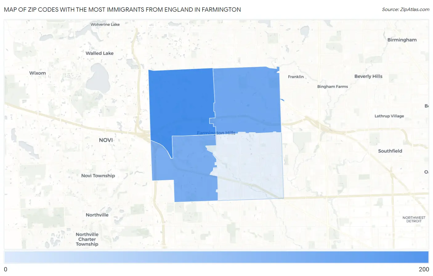 Zip Codes with the Most Immigrants from England in Farmington Map