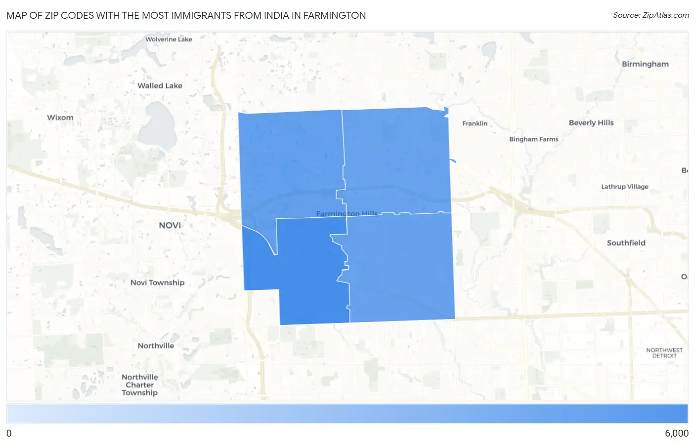Zip Codes with the Most Immigrants from India in Farmington Map