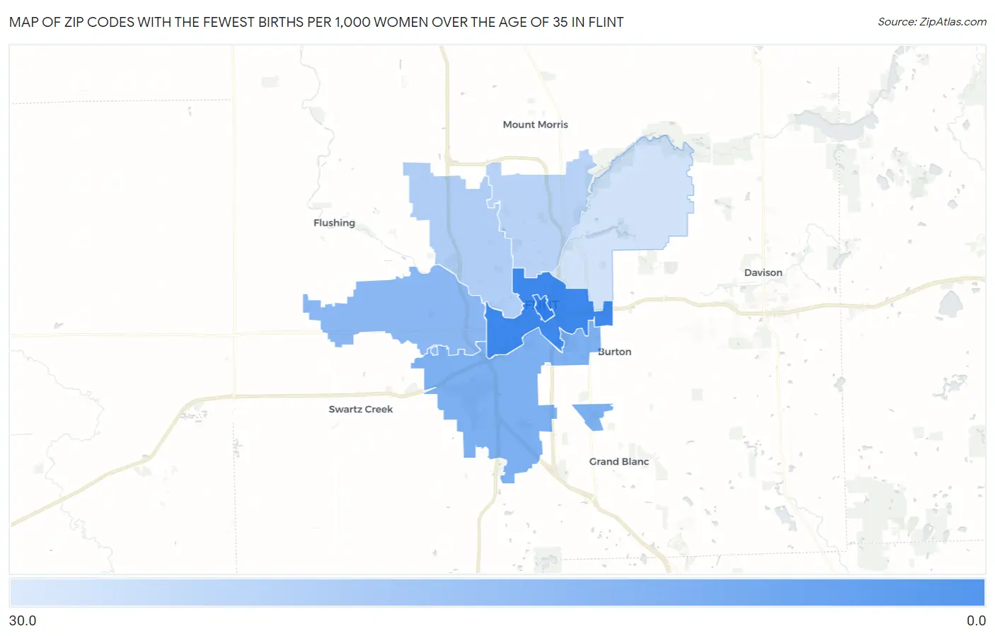 Zip Codes with the Fewest Births per 1,000 Women Over the Age of 35 in Flint Map
