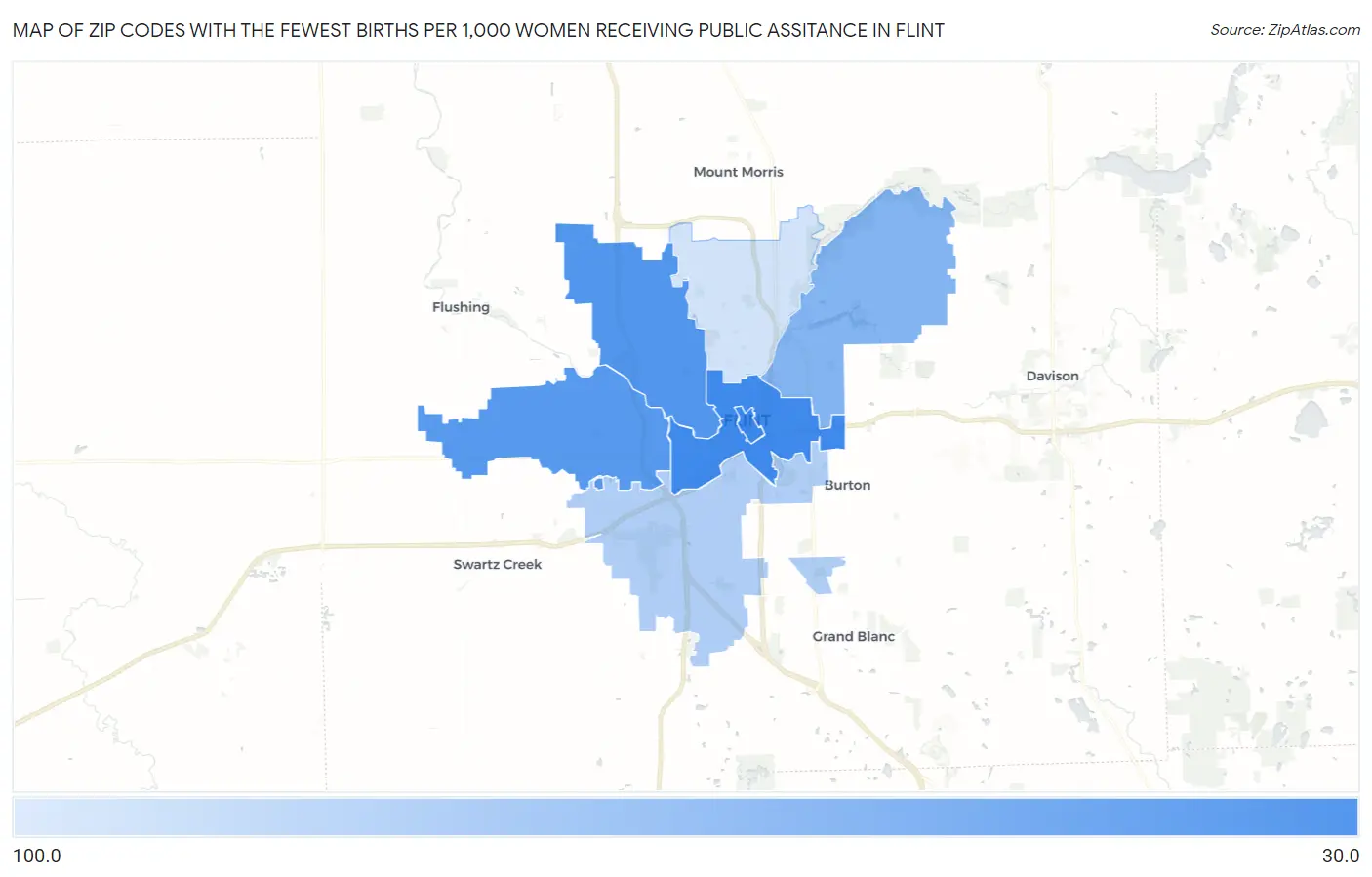 Zip Codes with the Fewest Births per 1,000 Women Receiving Public Assitance in Flint Map
