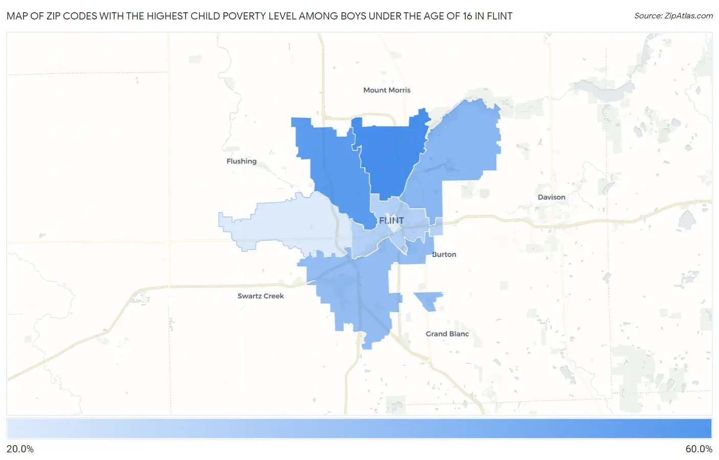 Zip Codes with the Highest Child Poverty Level Among Boys Under the Age of 16 in Flint Map