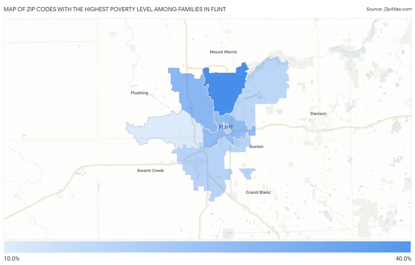 Zip Codes with the Highest Poverty Level Among Families in Flint Map