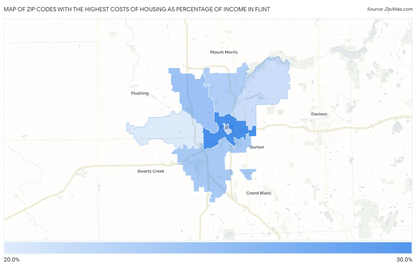 Zip Codes with the Highest Costs of Housing as Percentage of Income in Flint Map