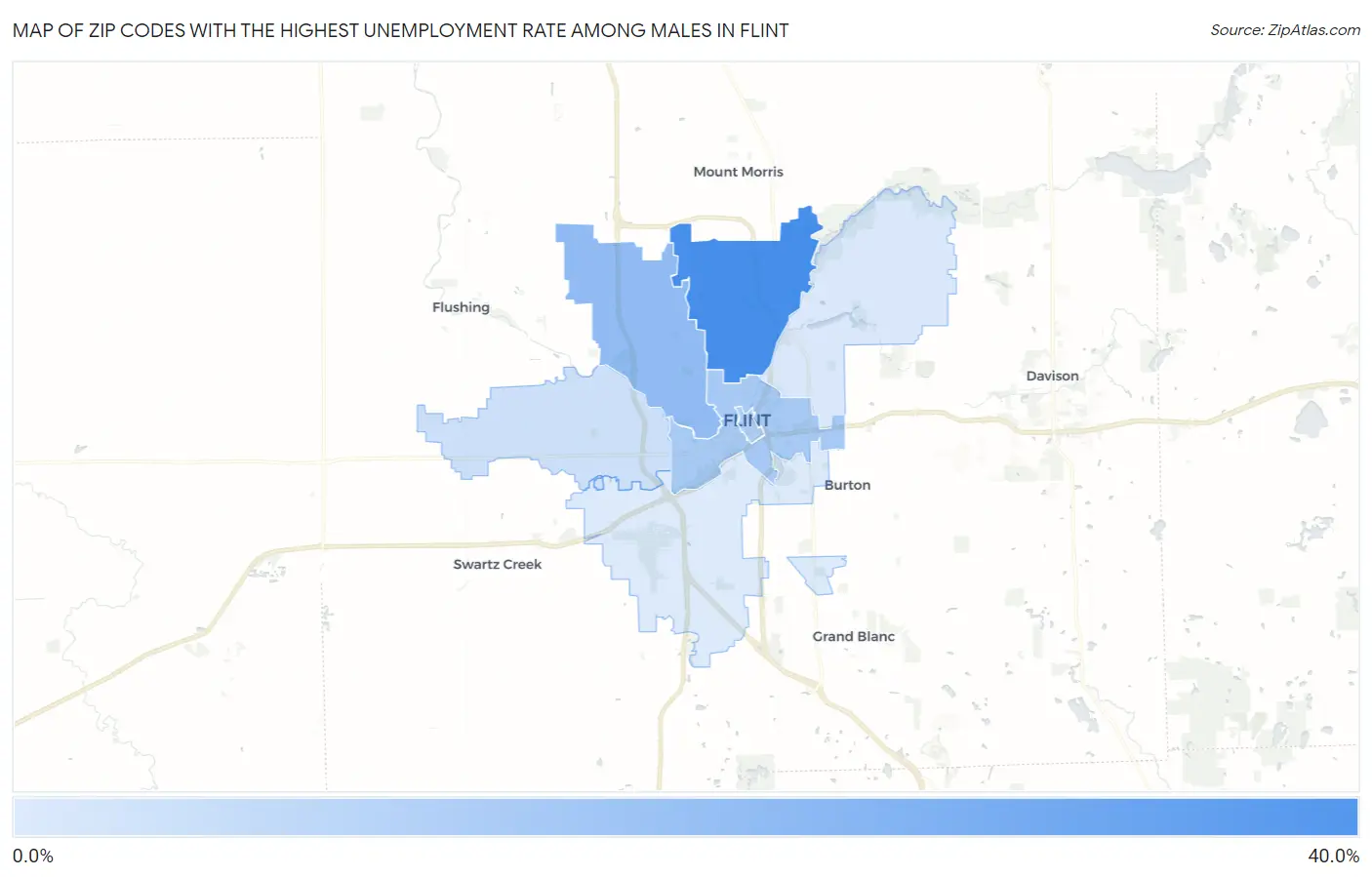 Zip Codes with the Highest Unemployment Rate Among Males in Flint Map