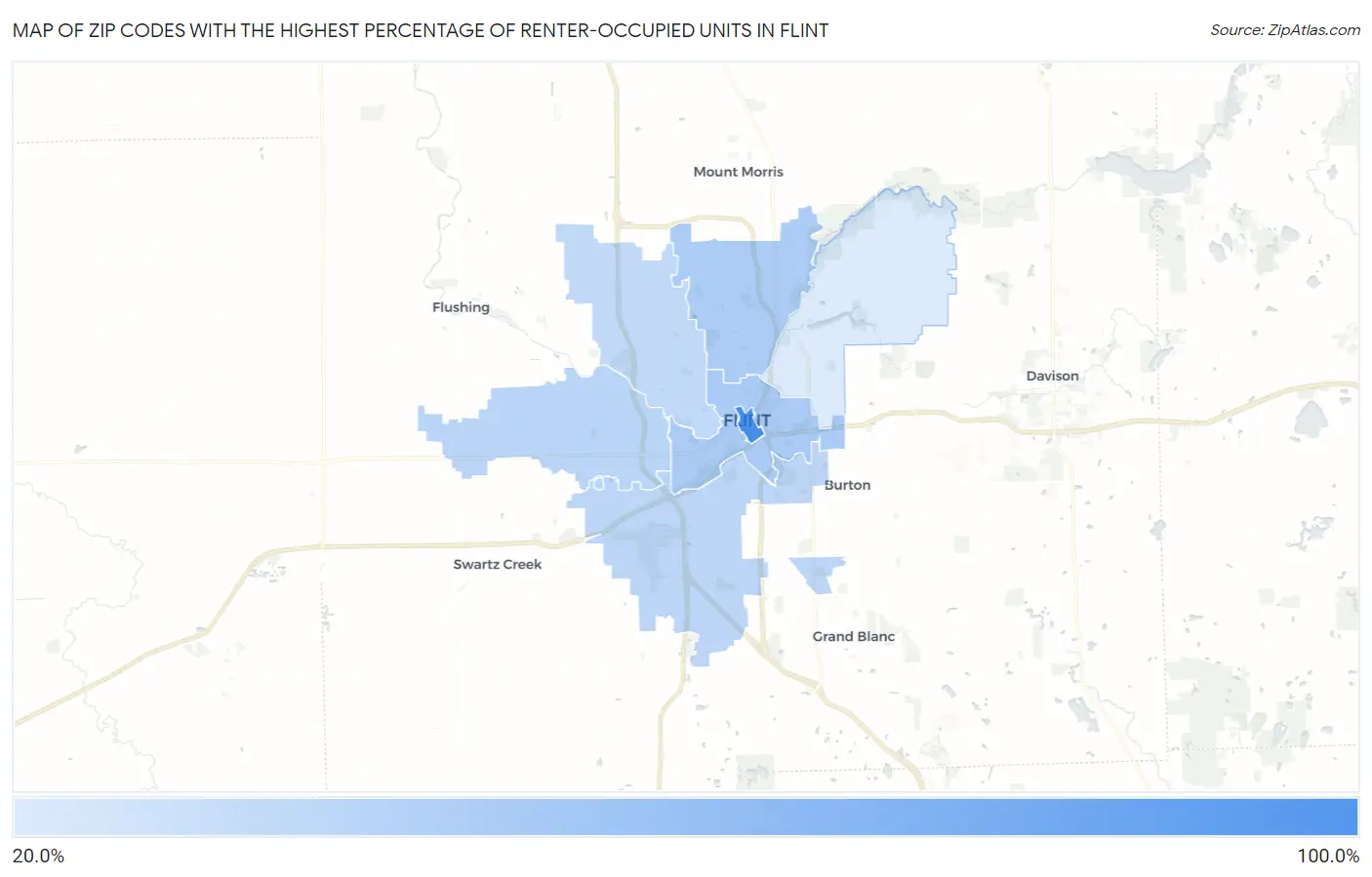 Zip Codes with the Highest Percentage of Renter-Occupied Units in Flint Map