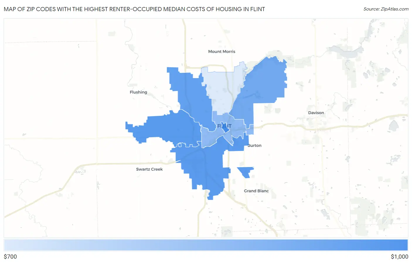 Zip Codes with the Highest Renter-Occupied Median Costs of Housing in Flint Map