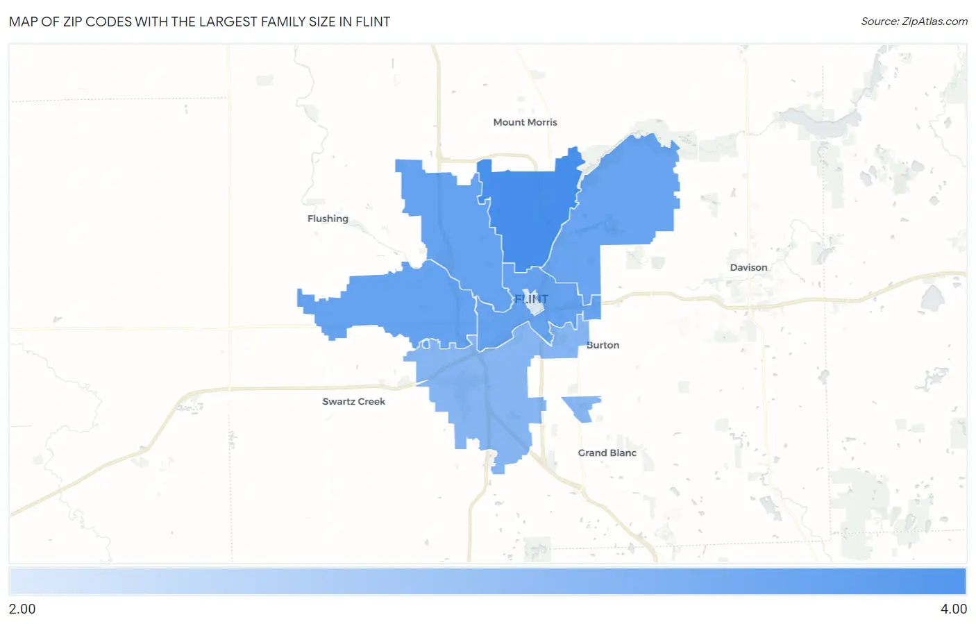 Zip Codes with the Largest Family Size in Flint Map