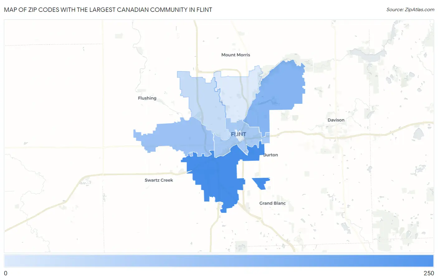 Zip Codes with the Largest Canadian Community in Flint Map