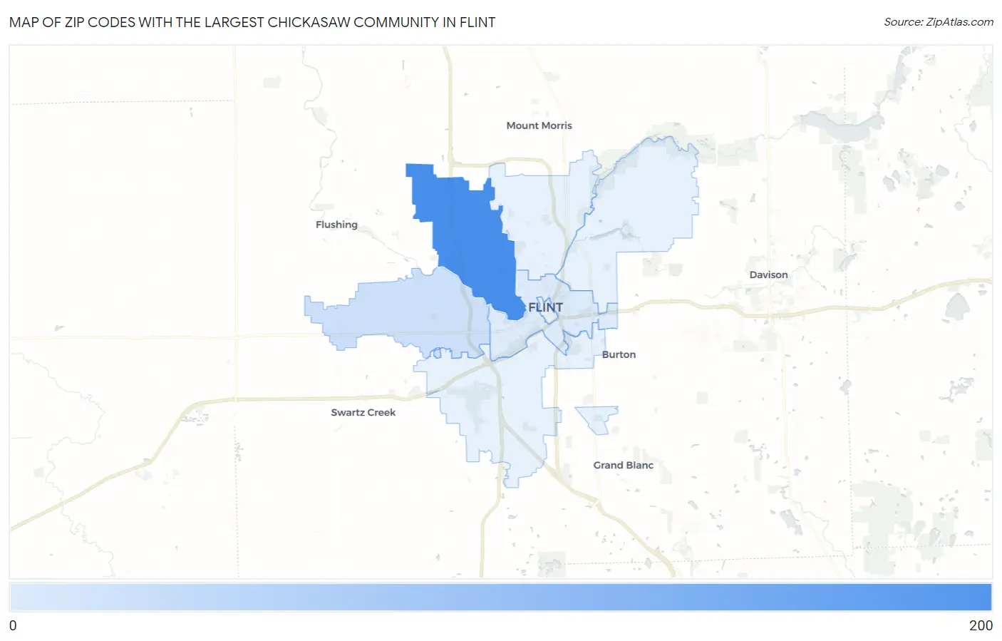 Zip Codes with the Largest Chickasaw Community in Flint Map
