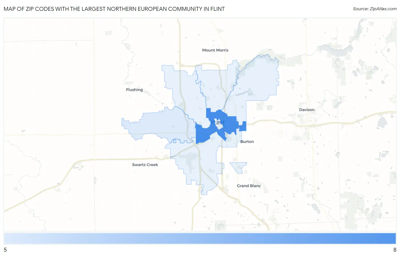 Zip Codes with the Largest Northern European Community in Flint Map