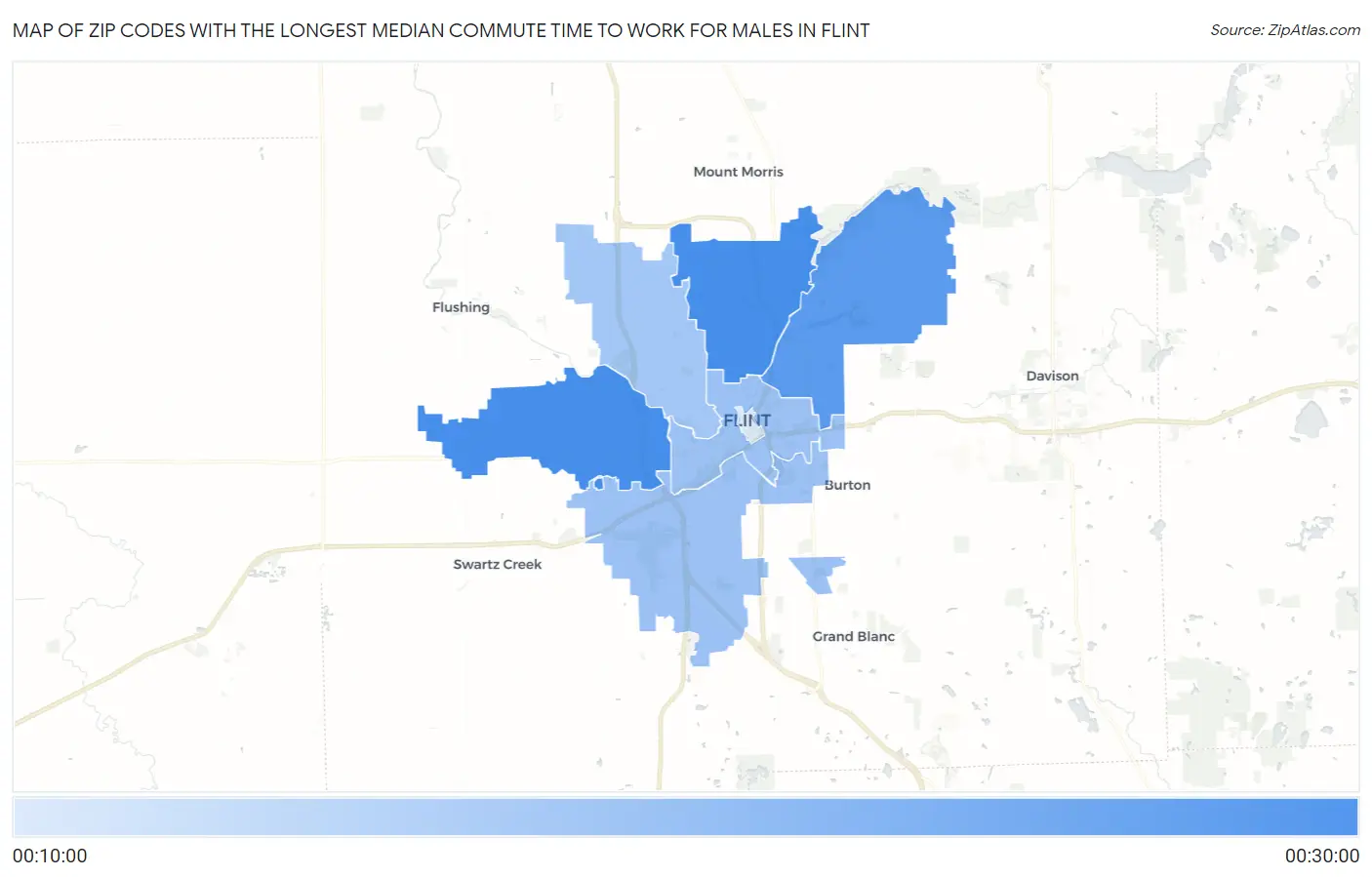 Zip Codes with the Longest Median Commute Time to Work for Males in Flint Map