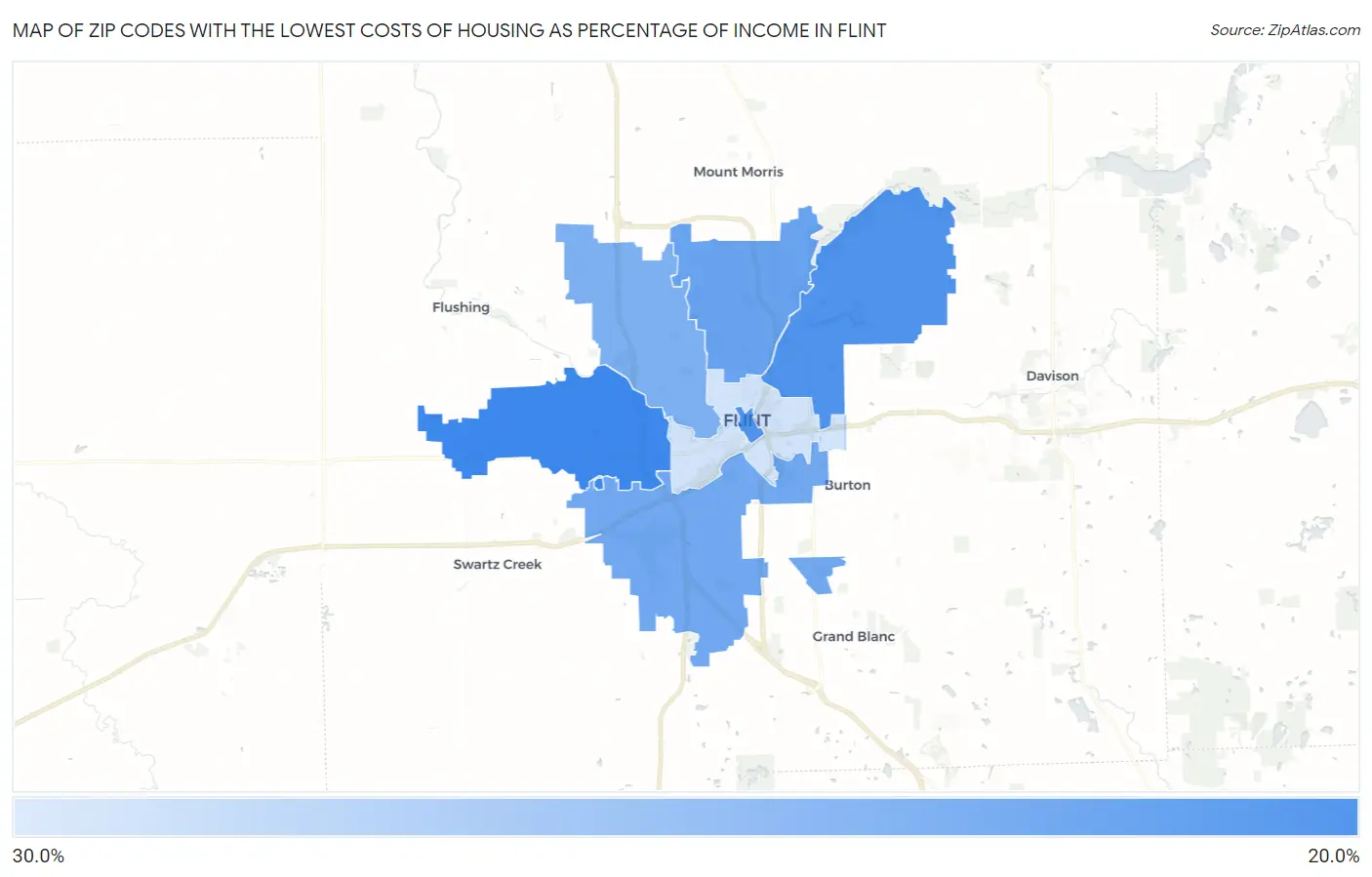Zip Codes with the Lowest Costs of Housing as Percentage of Income in Flint Map