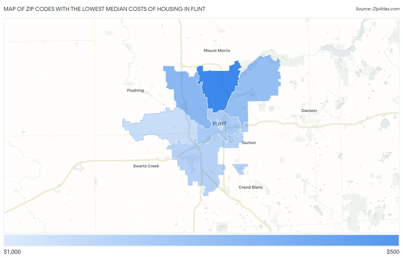 Zip Codes with the Lowest Median Costs of Housing in Flint Map