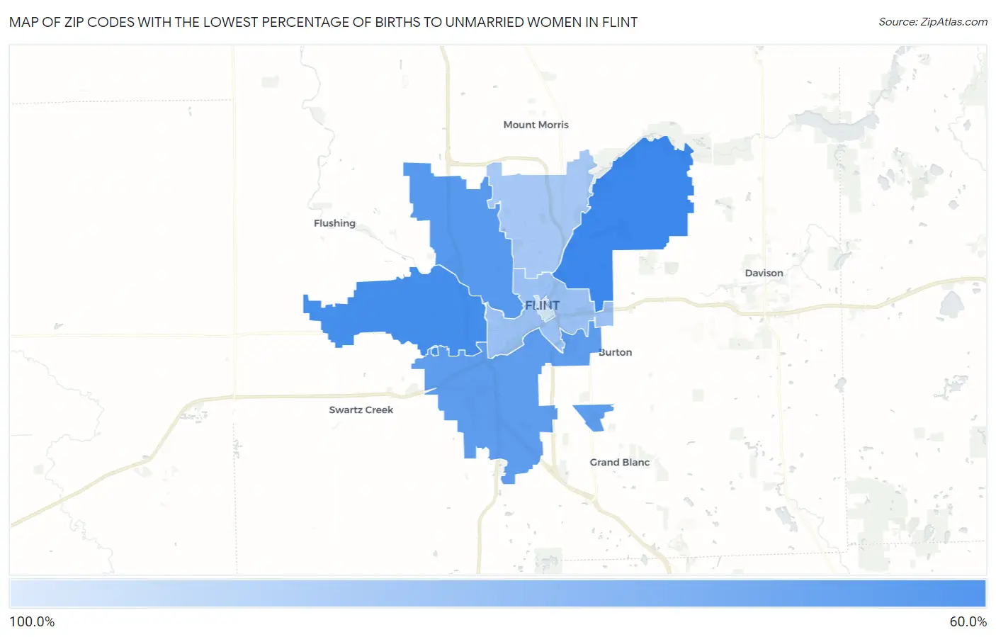 Zip Codes with the Lowest Percentage of Births to Unmarried Women in Flint Map