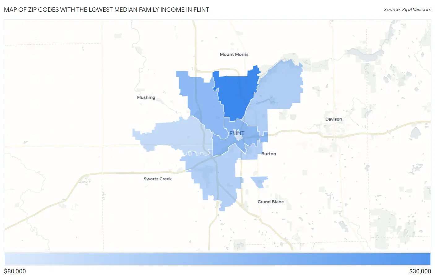 Zip Codes with the Lowest Median Family Income in Flint Map