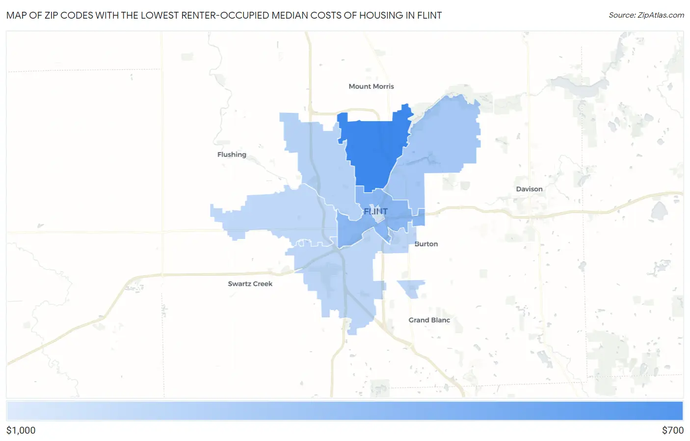 Zip Codes with the Lowest Renter-Occupied Median Costs of Housing in Flint Map