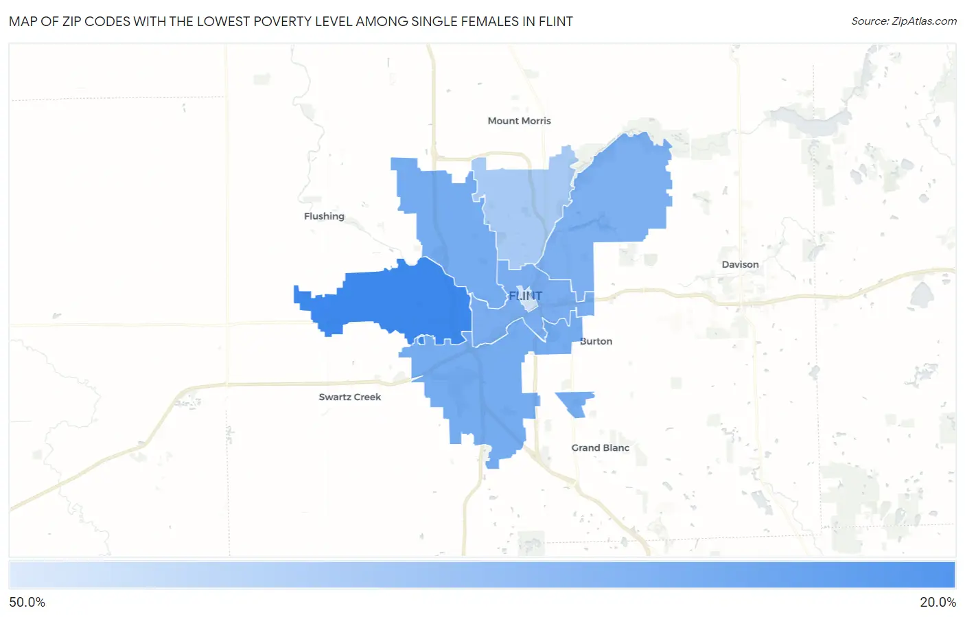Zip Codes with the Lowest Poverty Level Among Single Females in Flint Map