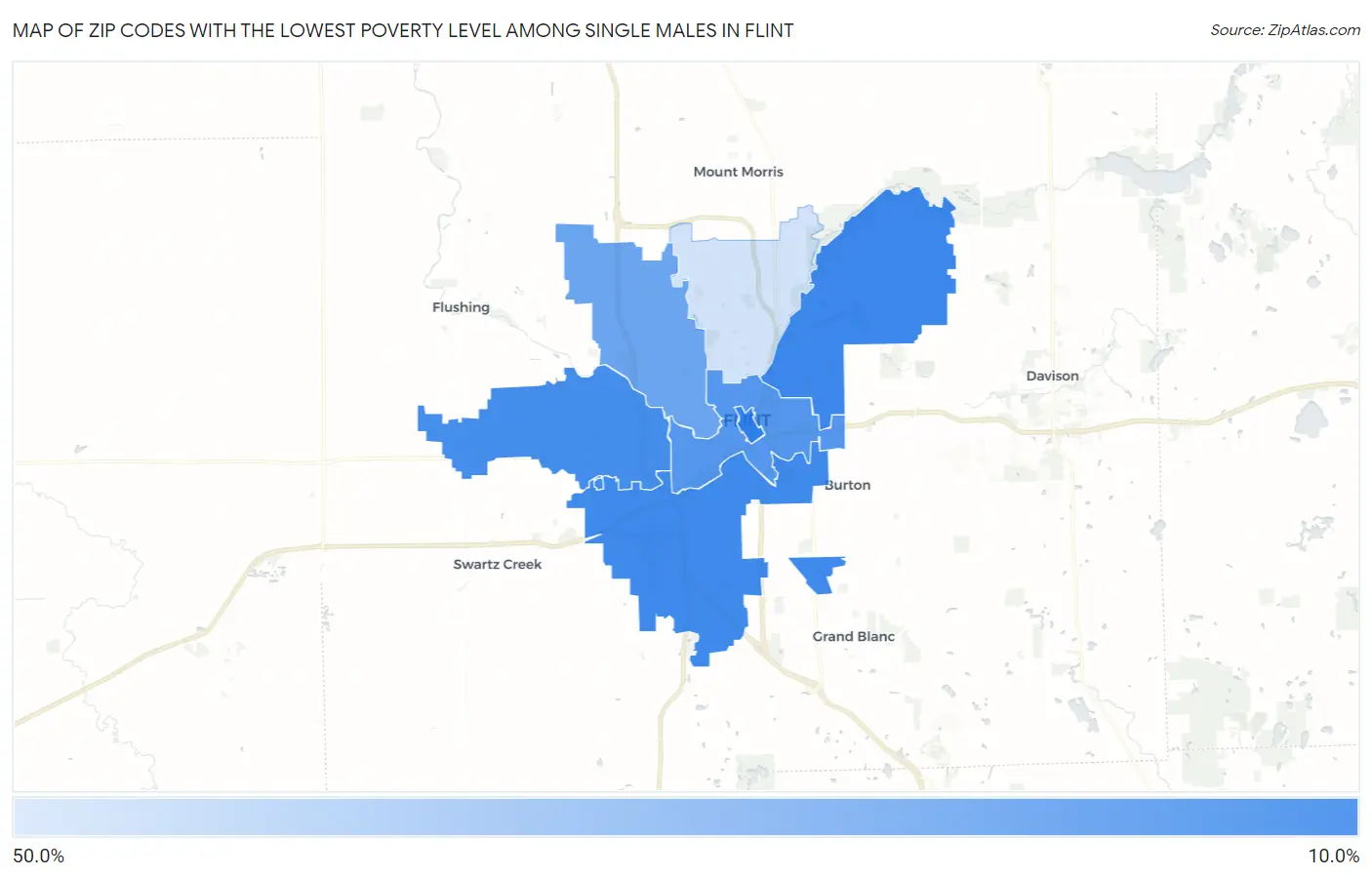 Zip Codes with the Lowest Poverty Level Among Single Males in Flint Map