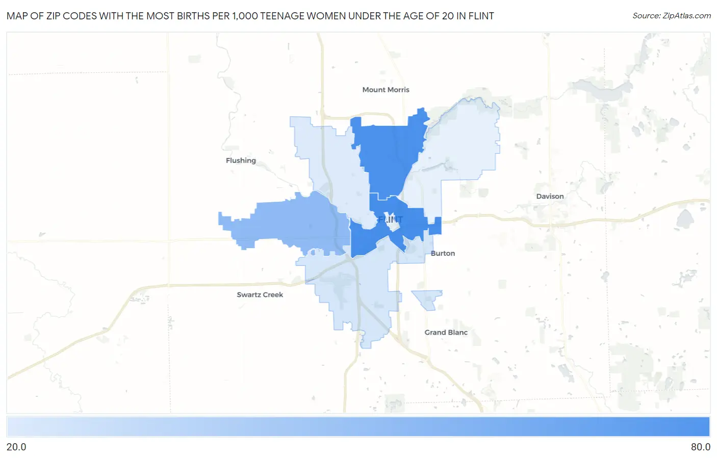 Zip Codes with the Most Births per 1,000 Teenage Women Under the Age of 20 in Flint Map