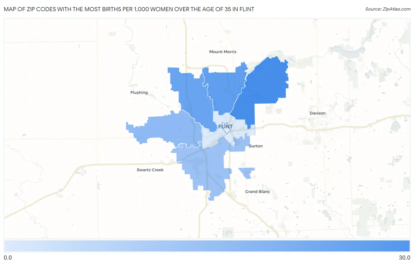 Zip Codes with the Most Births per 1,000 Women Over the Age of 35 in Flint Map