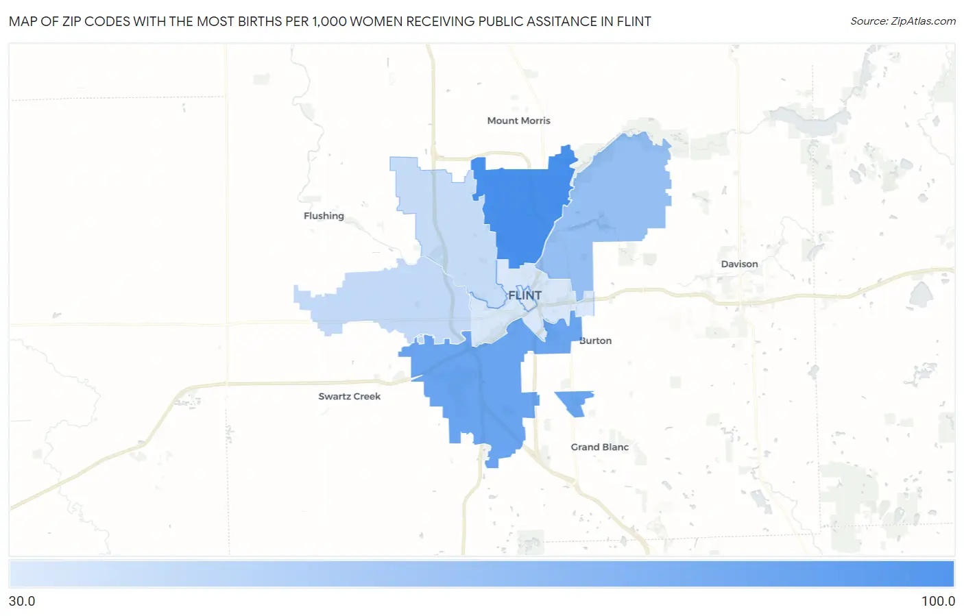 Zip Codes with the Most Births per 1,000 Women Receiving Public Assitance in Flint Map
