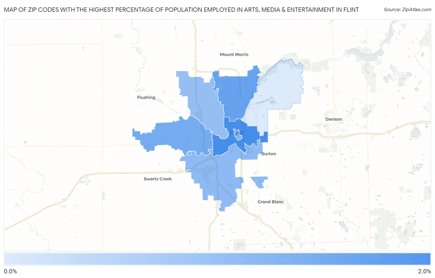 Zip Codes with the Highest Percentage of Population Employed in Arts, Media & Entertainment in Flint Map
