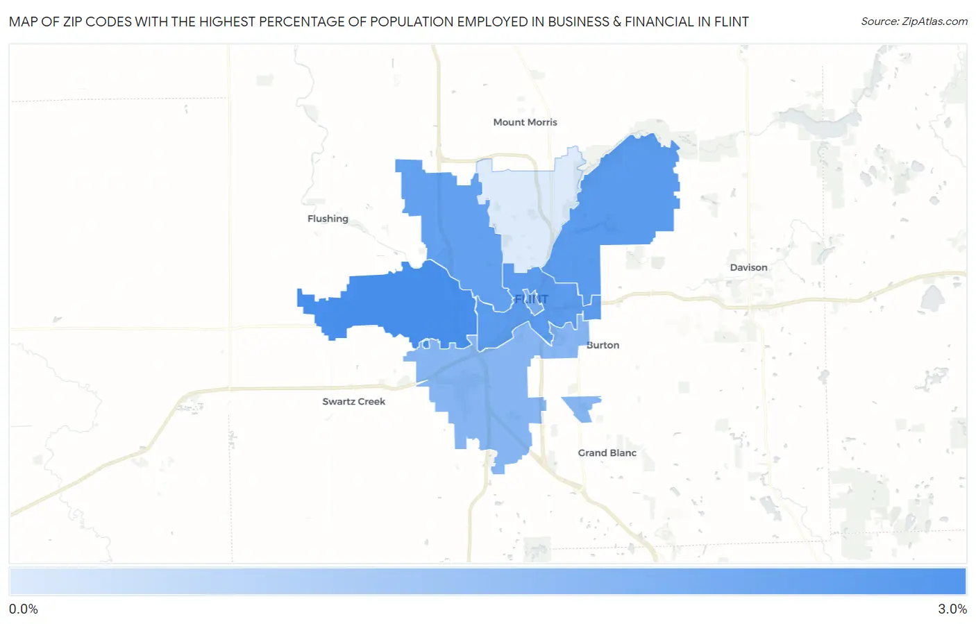 Zip Codes with the Highest Percentage of Population Employed in Business & Financial in Flint Map