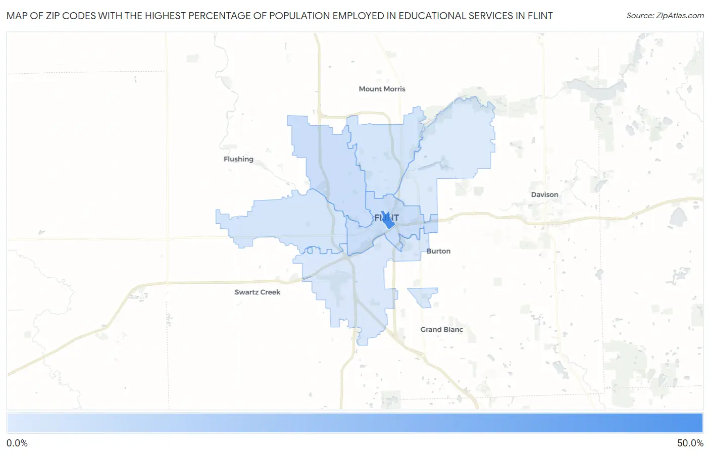 Zip Codes with the Highest Percentage of Population Employed in Educational Services in Flint Map