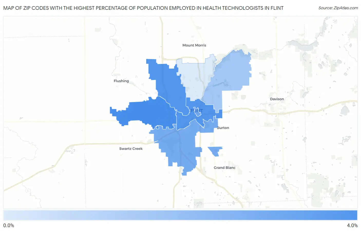 Zip Codes with the Highest Percentage of Population Employed in Health Technologists in Flint Map