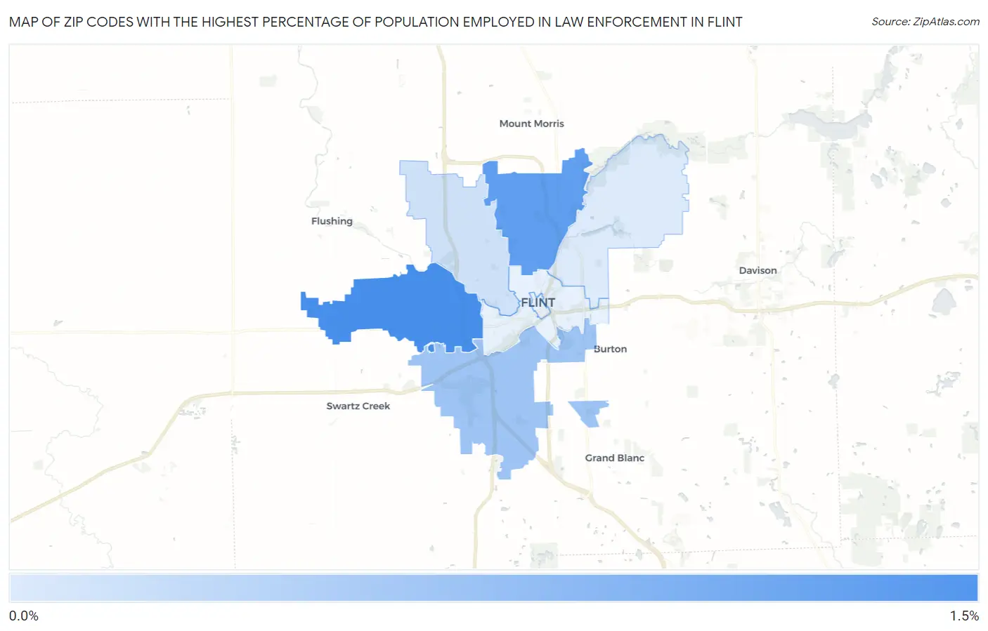 Zip Codes with the Highest Percentage of Population Employed in Law Enforcement in Flint Map