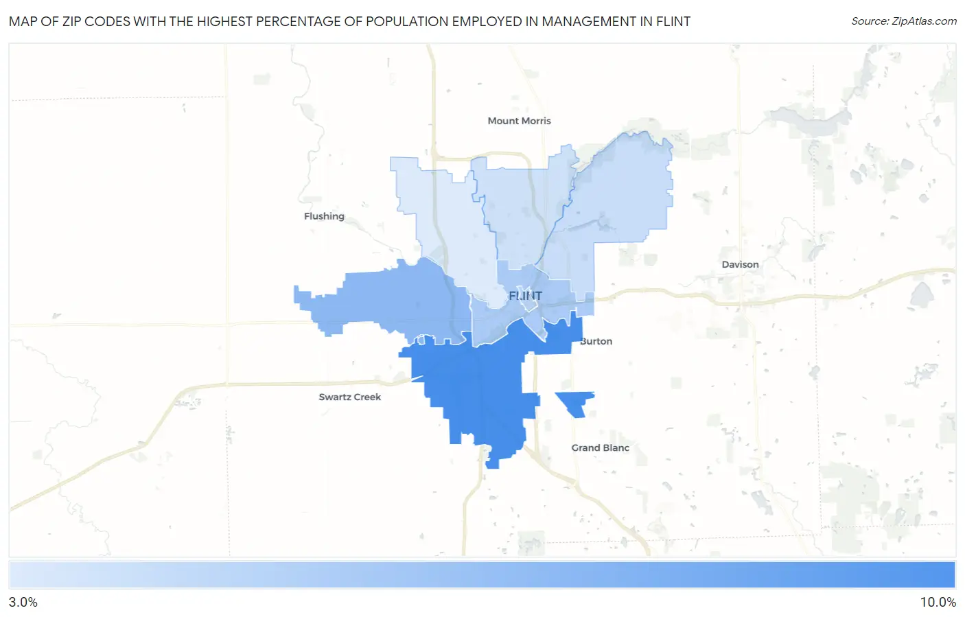 Zip Codes with the Highest Percentage of Population Employed in Management in Flint Map