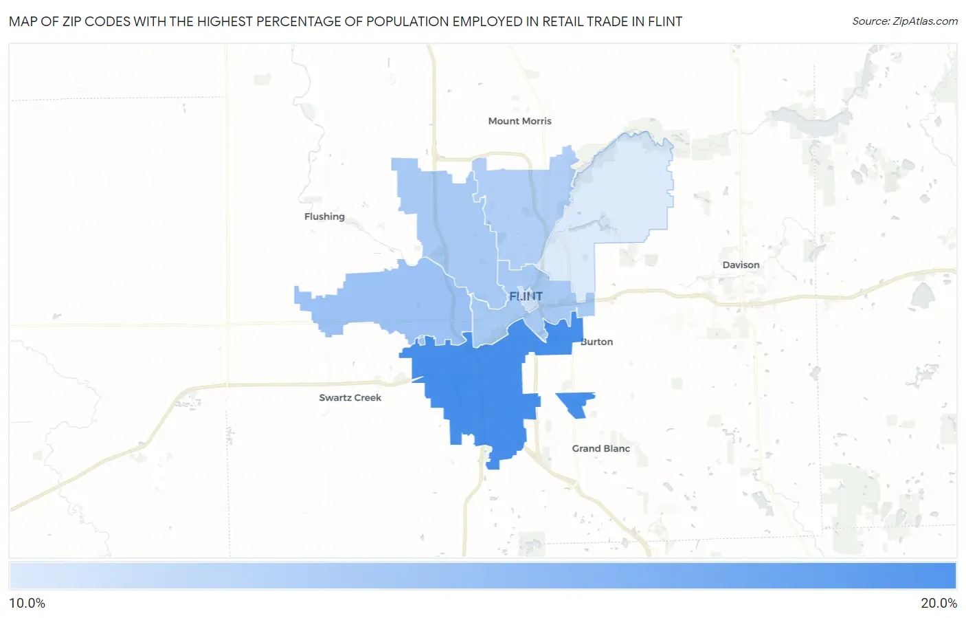 Zip Codes with the Highest Percentage of Population Employed in Retail Trade in Flint Map