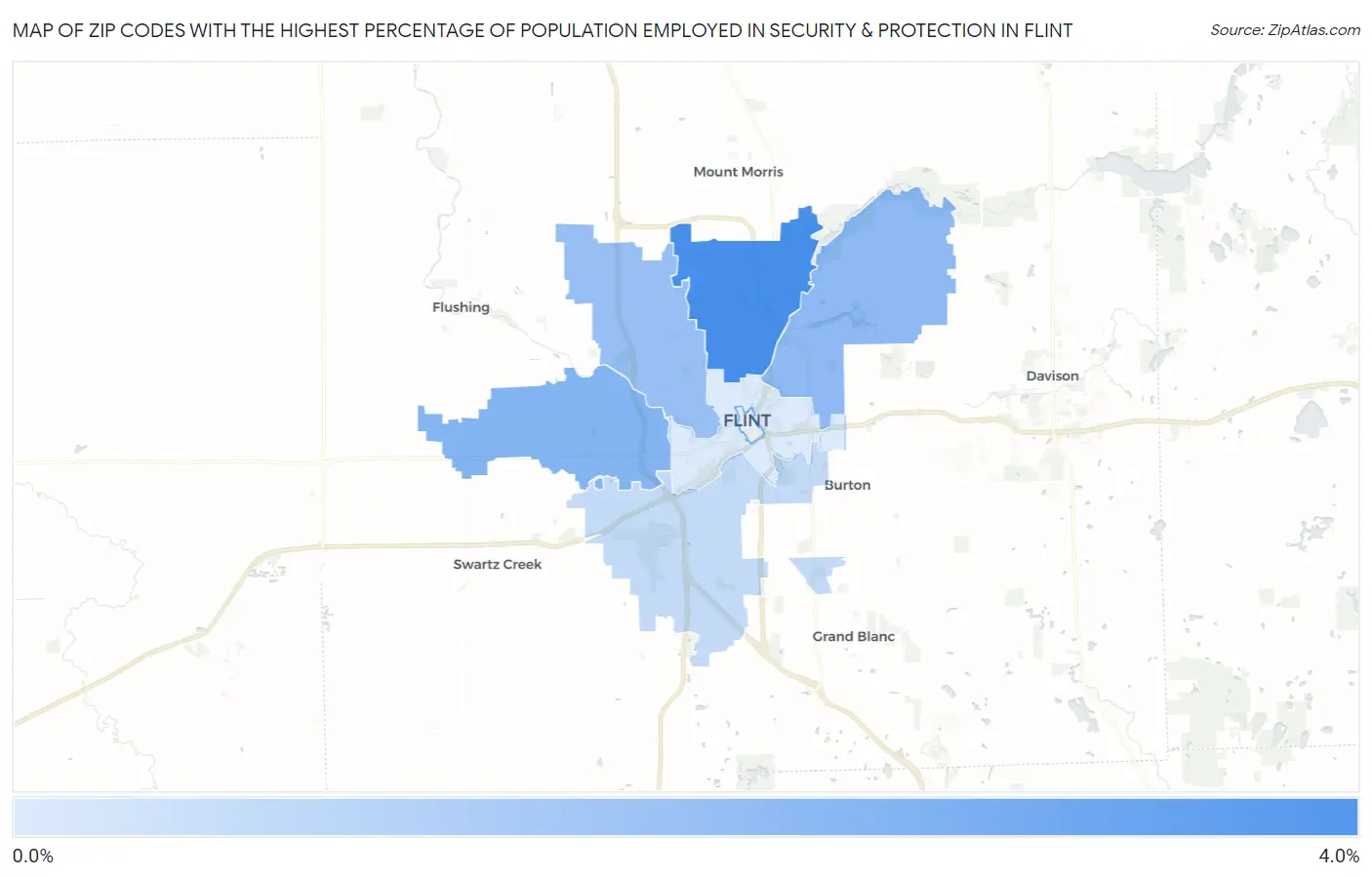 Zip Codes with the Highest Percentage of Population Employed in Security & Protection in Flint Map