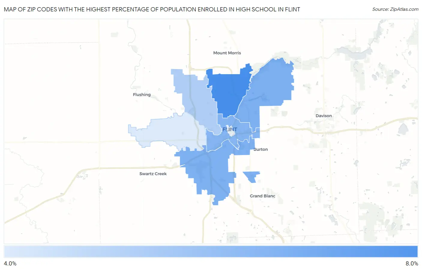 Zip Codes with the Highest Percentage of Population Enrolled in High School in Flint Map