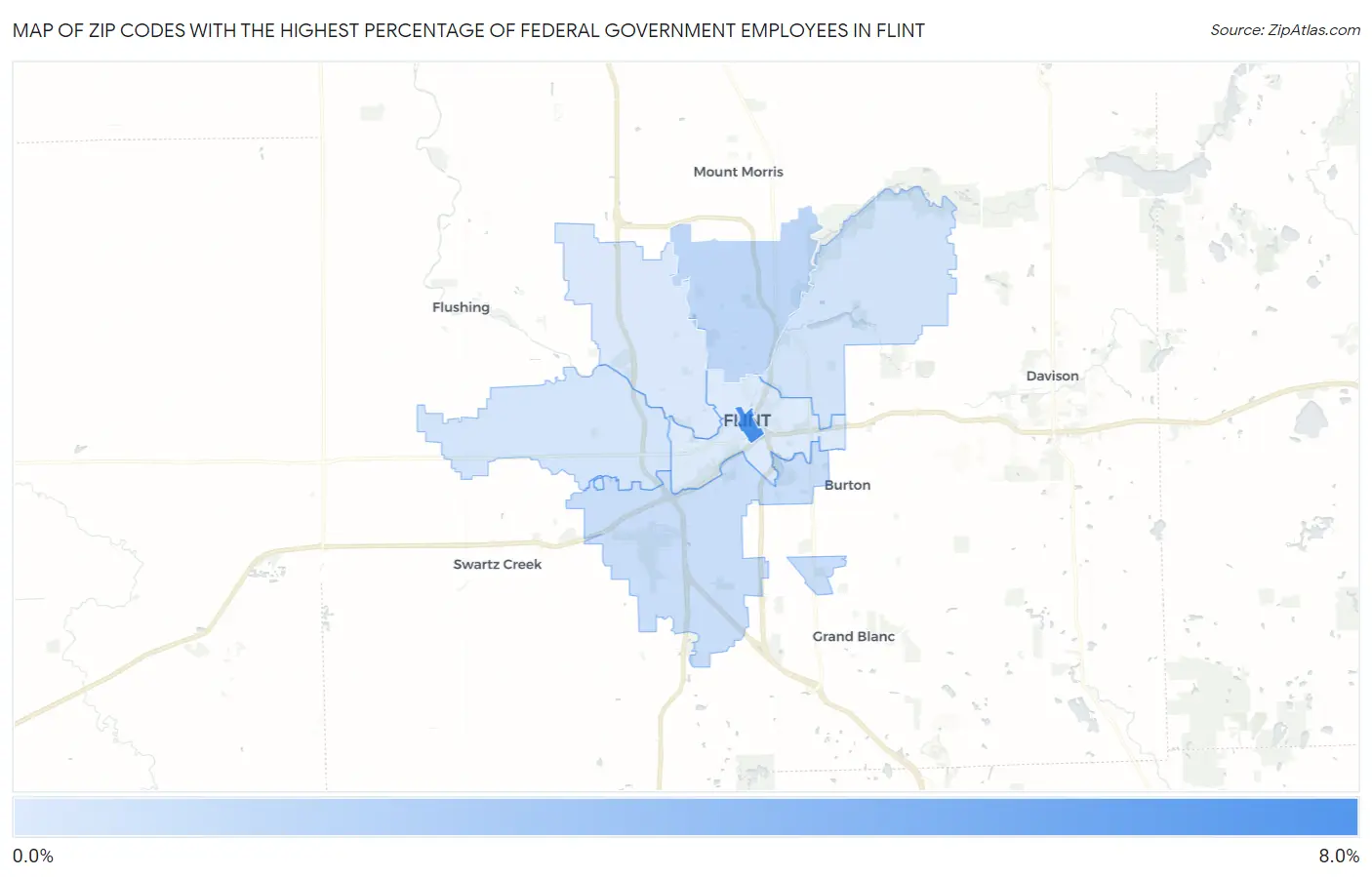 Zip Codes with the Highest Percentage of Federal Government Employees in Flint Map