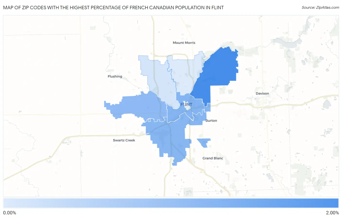 Zip Codes with the Highest Percentage of French Canadian Population in Flint Map