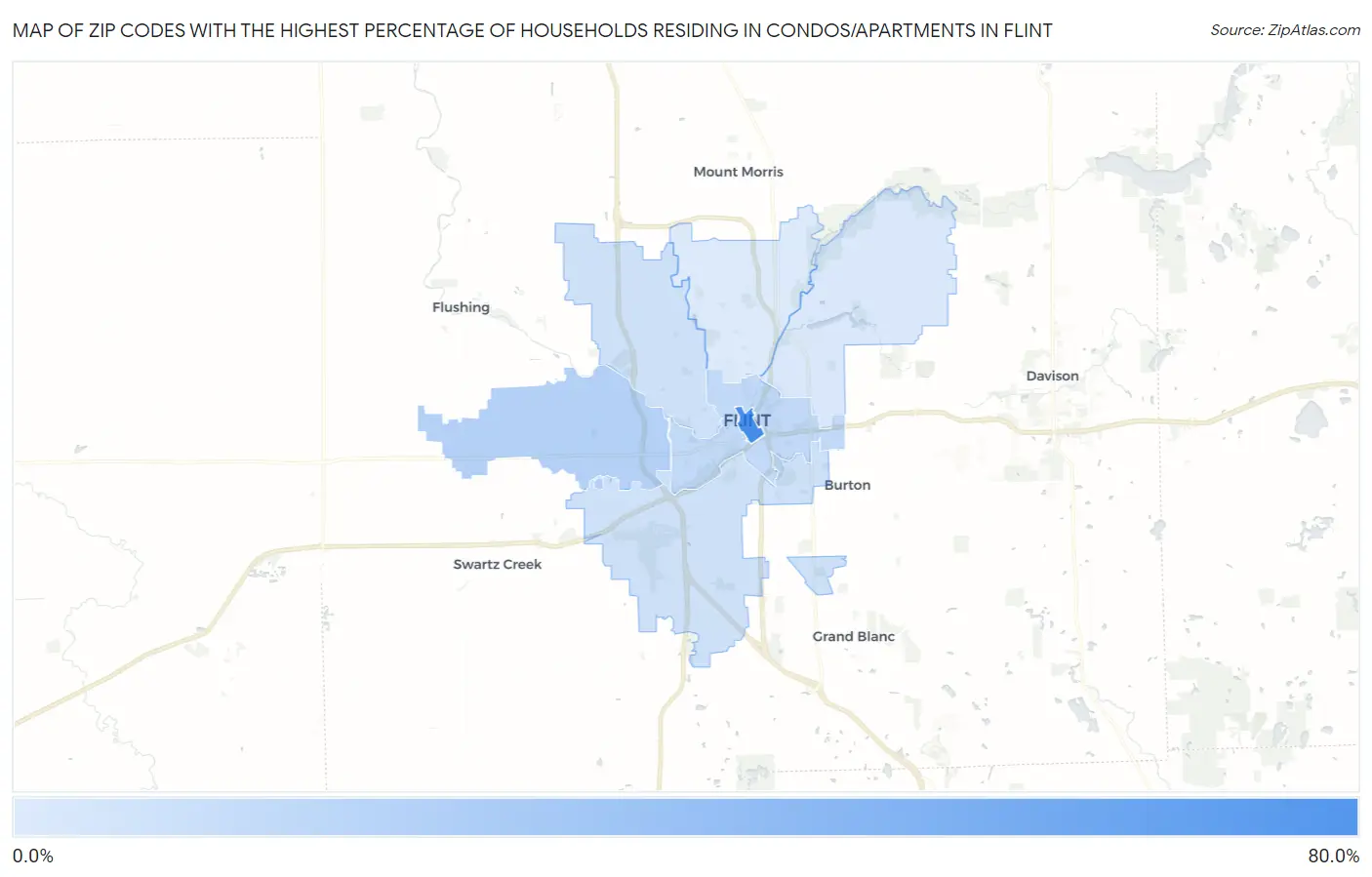 Zip Codes with the Highest Percentage of Households Residing in Condos/Apartments in Flint Map