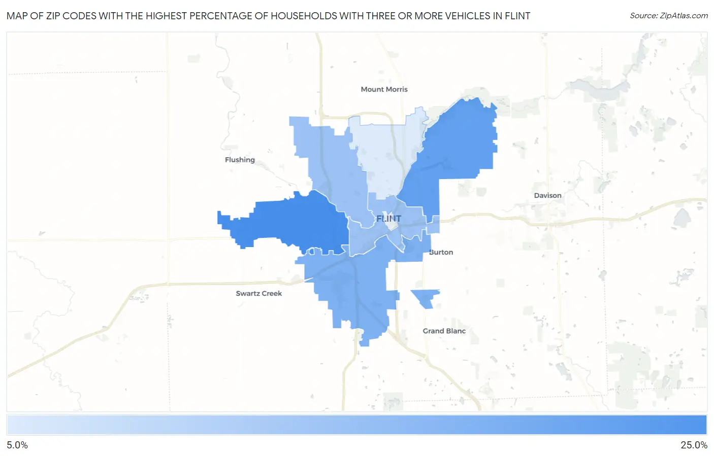 Zip Codes with the Highest Percentage of Households With Three or more Vehicles in Flint Map