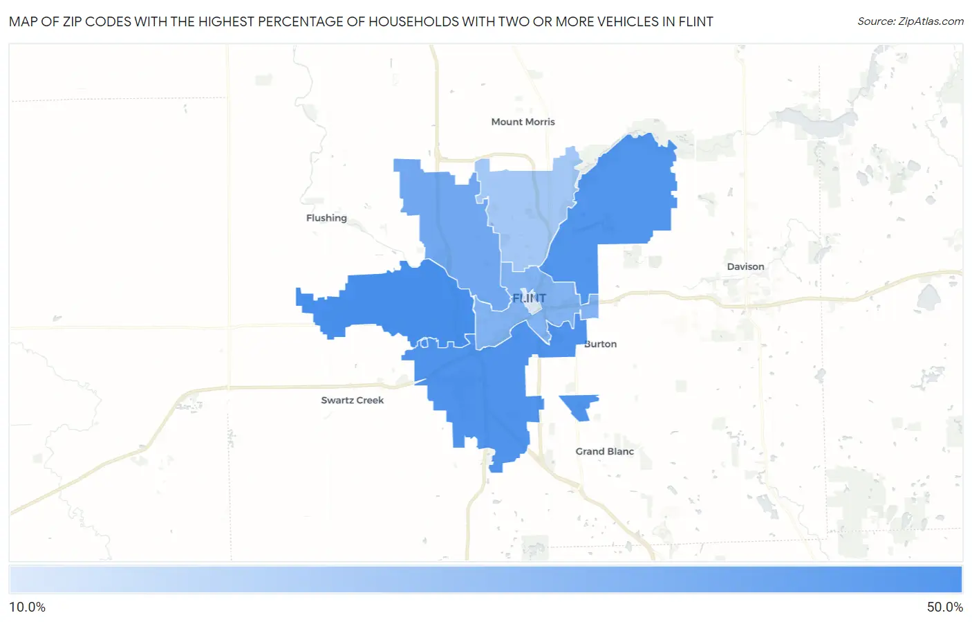 Zip Codes with the Highest Percentage of Households With Two or more Vehicles in Flint Map