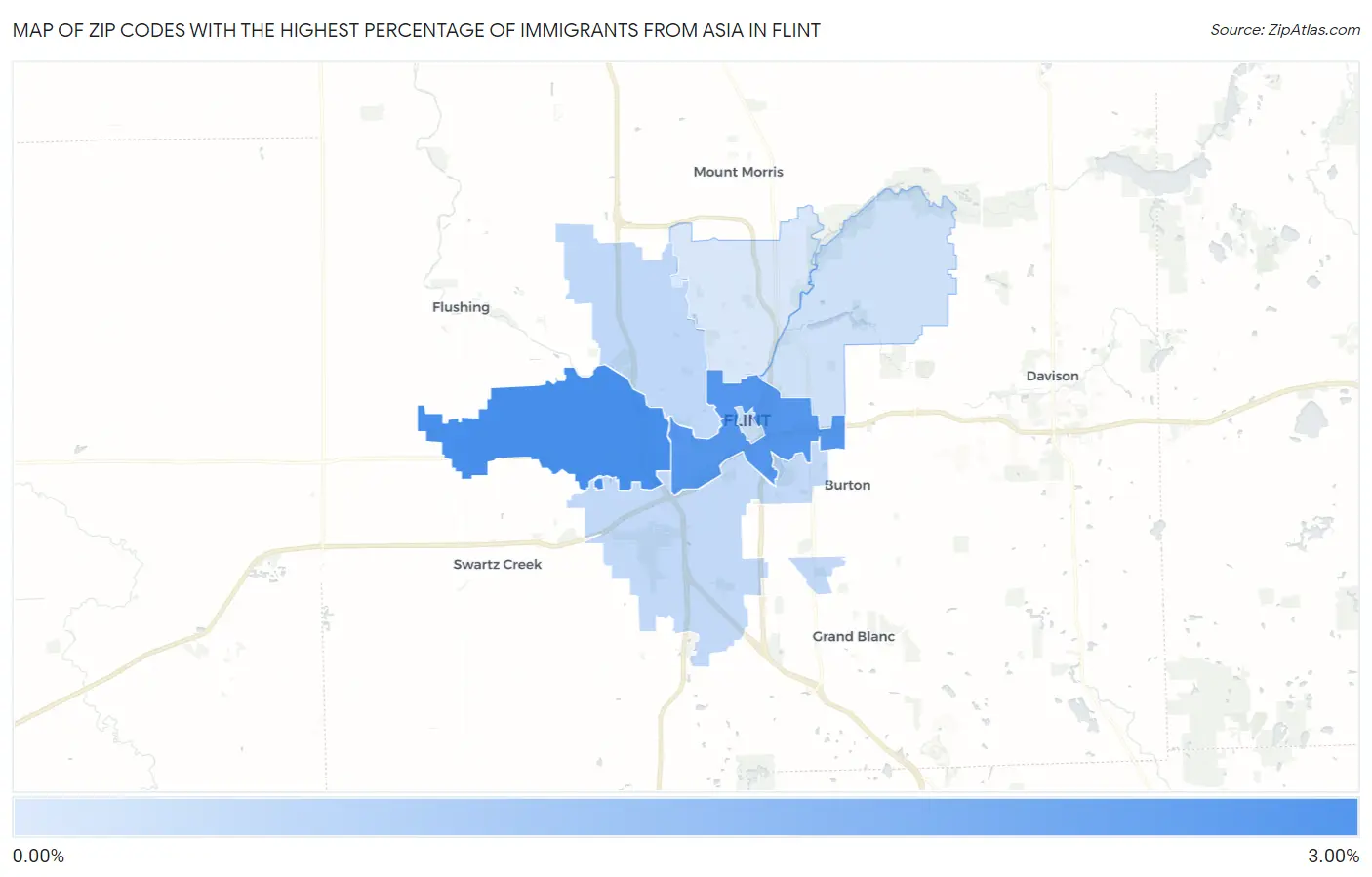 Zip Codes with the Highest Percentage of Immigrants from Asia in Flint Map