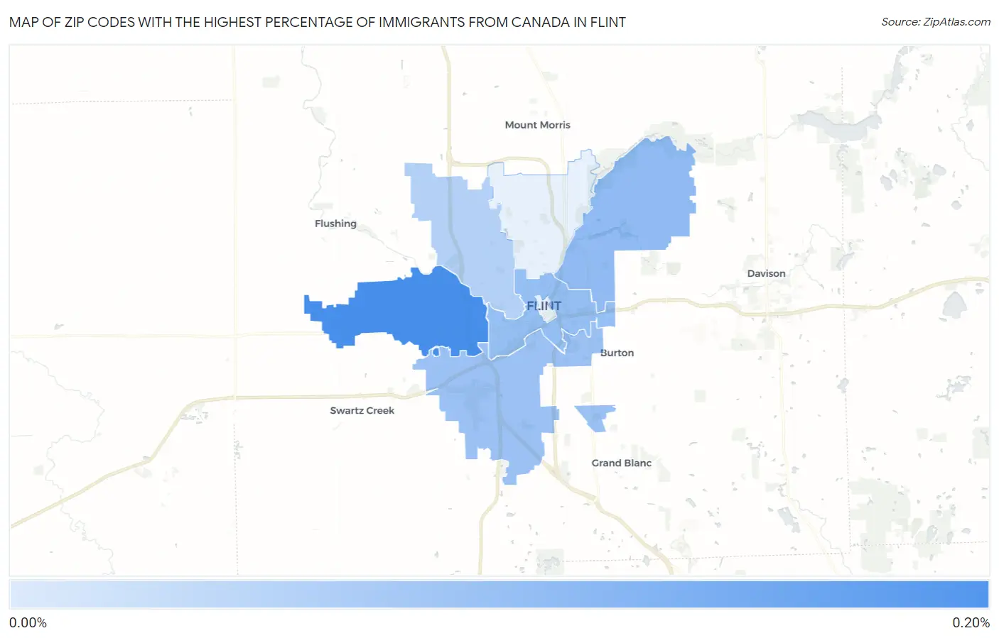Zip Codes with the Highest Percentage of Immigrants from Canada in Flint Map