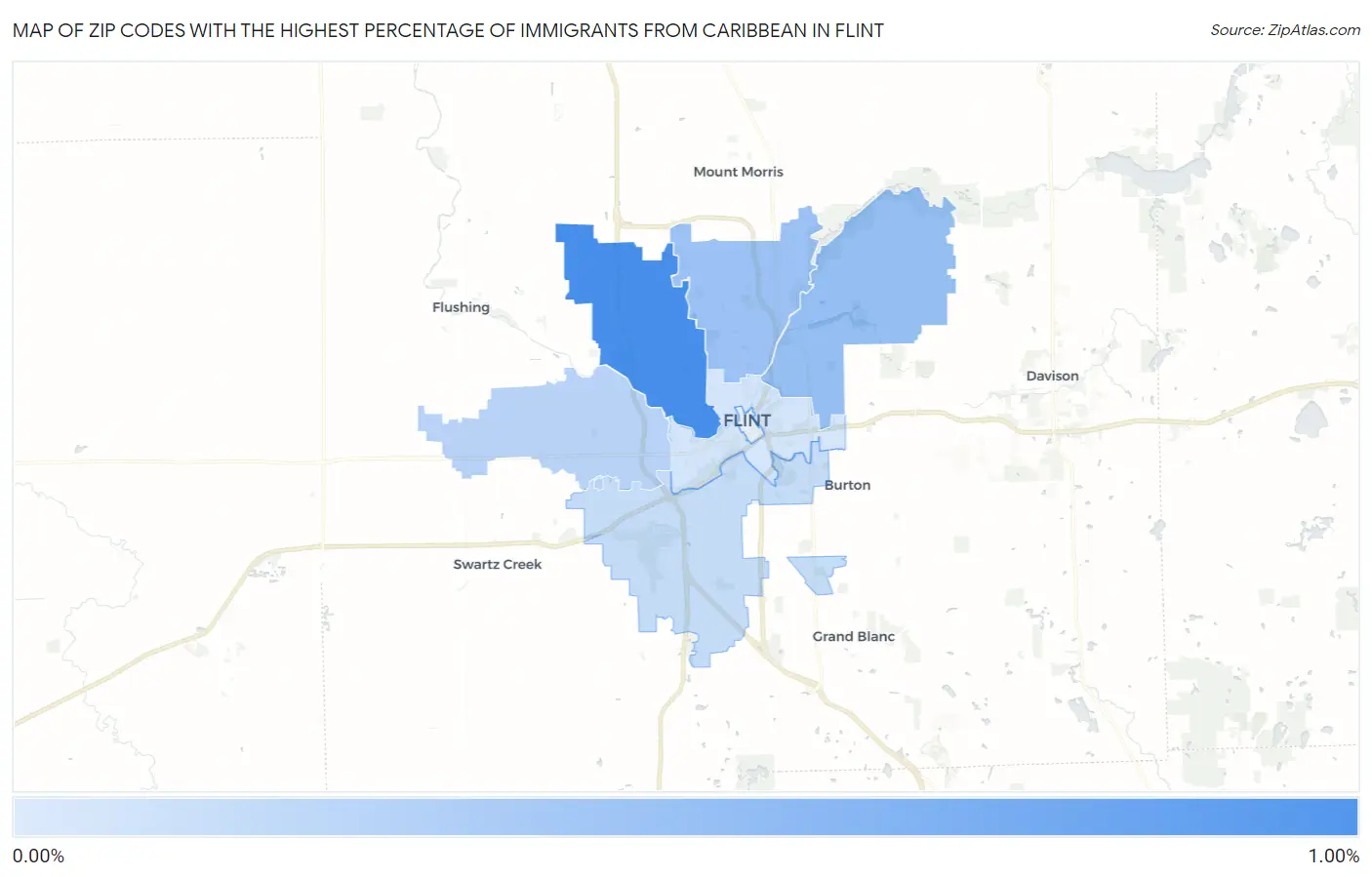 Zip Codes with the Highest Percentage of Immigrants from Caribbean in Flint Map