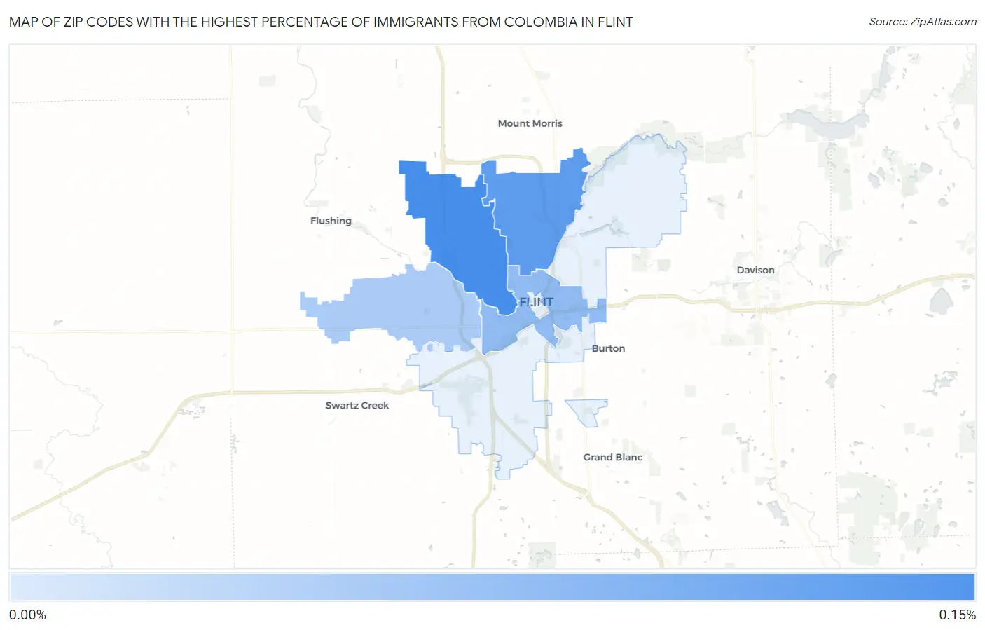 Zip Codes with the Highest Percentage of Immigrants from Colombia in Flint Map