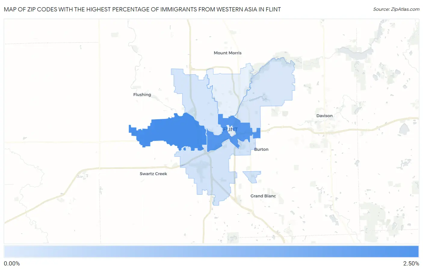 Zip Codes with the Highest Percentage of Immigrants from Western Asia in Flint Map