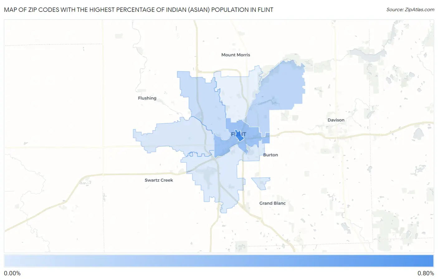 Zip Codes with the Highest Percentage of Indian (Asian) Population in Flint Map